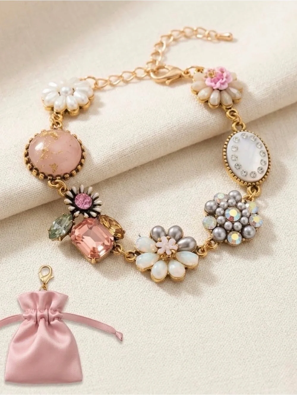 Vintage Inspired/Gold-Tone Pink Floral Crystal Bracelet